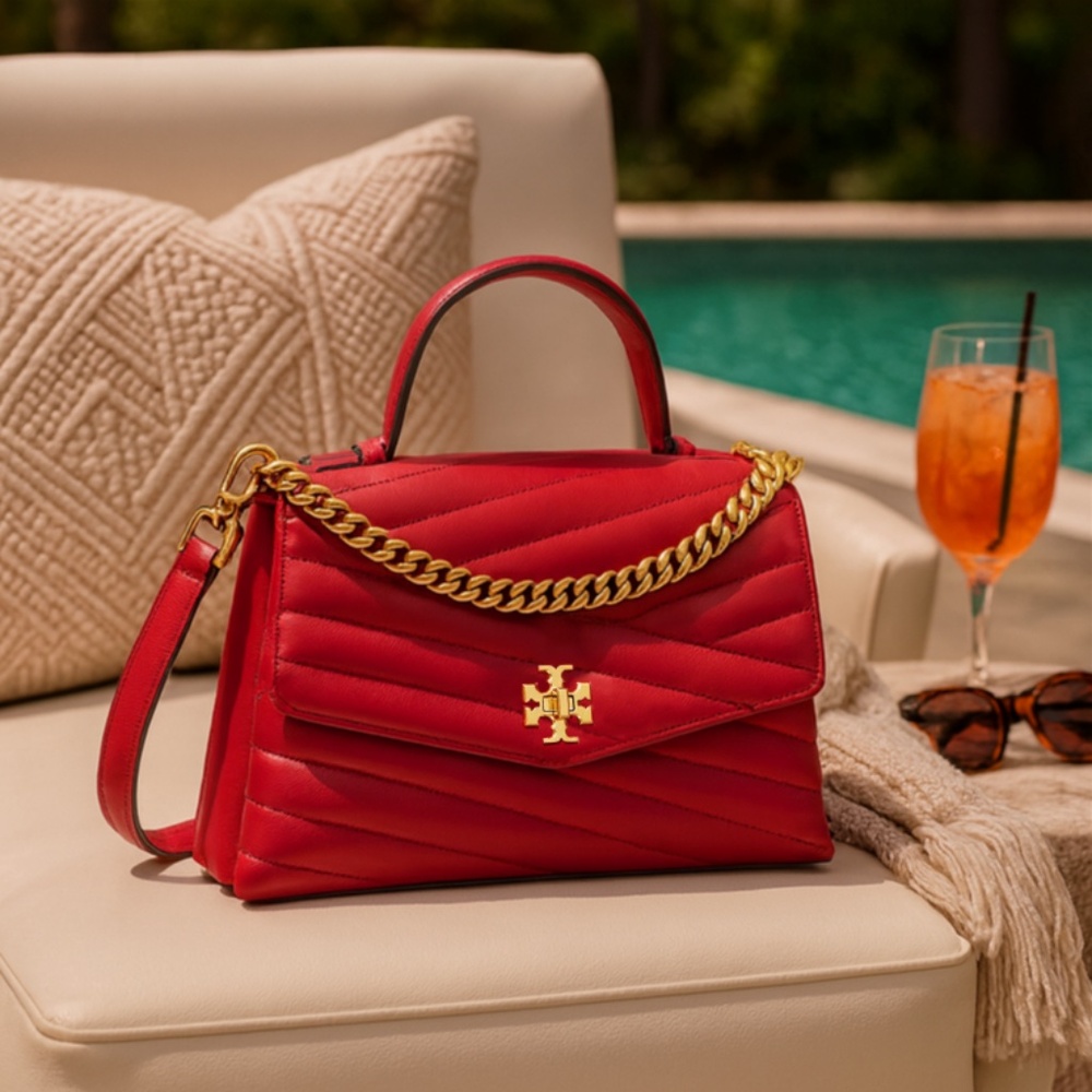 NEW Tory Burch Kira Chevron Red Apple Leather Top-Handle Satchel/Crossbody Bag